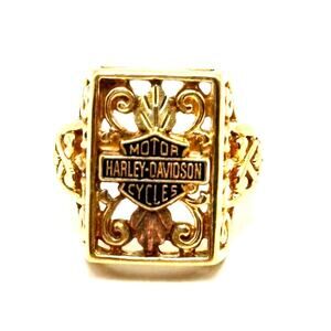 10k Gold Floral Openwork Ornate Davidson Motorcycles Logo Ring  Size 7